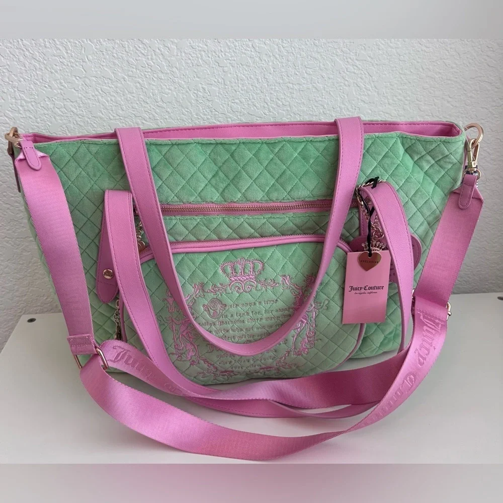 Juicy Couture Mint Green and Pink Quilted Tote